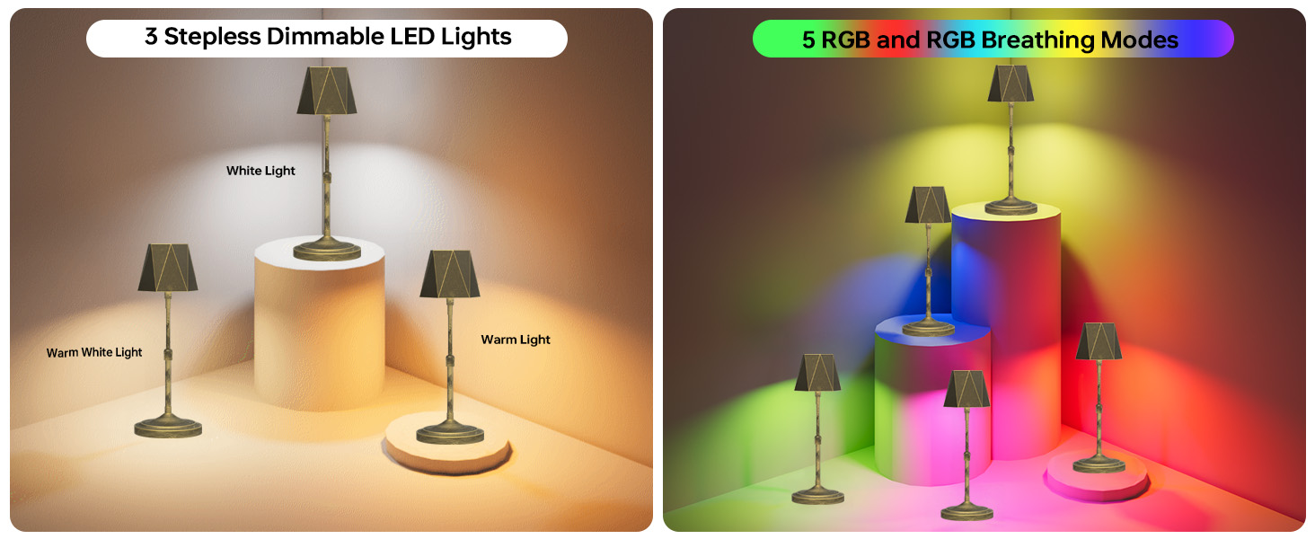 3 Color Stepless Dimming & 5 RGB Lamp Modes