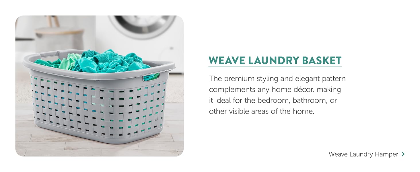 Storage basket with clothes and towels in a laundry background labeled as &#39;Weave Laundry Basket&#39;.