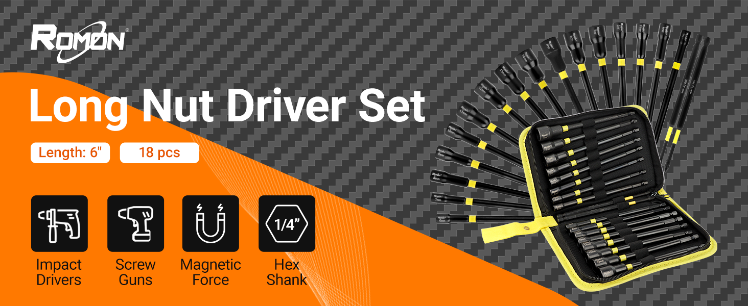 Long Nut Driver Set by ROMON, 18 Pcs Shank Nut