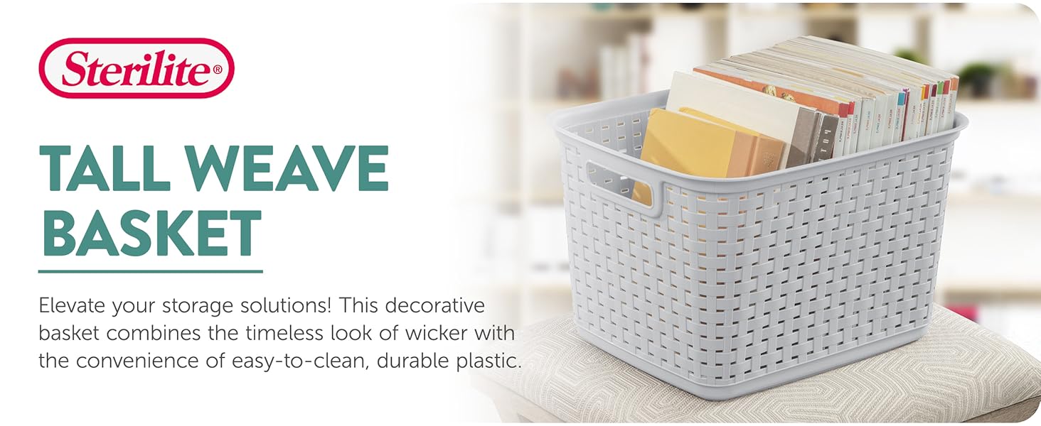Sterilite storage basket with books with text &#39;Tall Weave Basket&#39;.