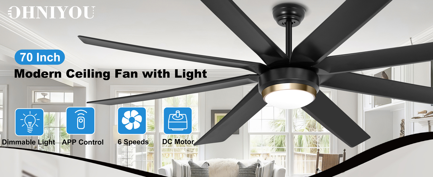 Ohniyou Ceiling Fan with Light 70 Inch Indoor Outdoor Large Ceiling