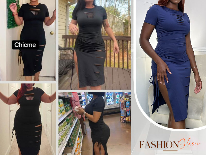 Women's Sexy Dresses Cutout Bodycon Short Sleeve Crewneck Slit Ruched Club Party Midi Dress