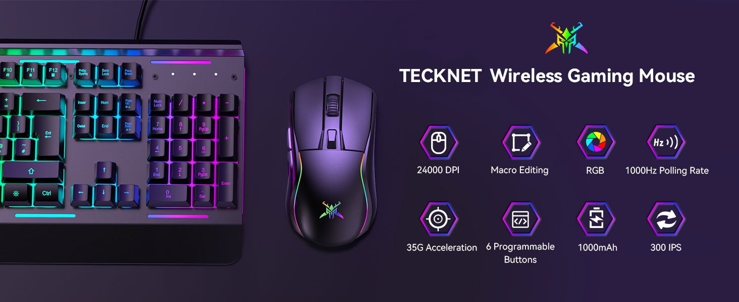 Text shows 'TECKNET Wireless Gaming Mouse' with icons showing features like DPI adjustment, polling rate, buttons, and battery life. Purple gaming mouse next to RGB keyboard.