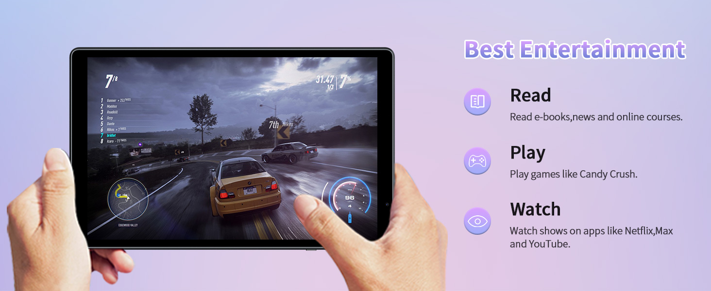 Text reads: 'Entertainment', 'Read', 'Play', 'Watch'. Tablet device displaying racing game interface held in hands against light background.