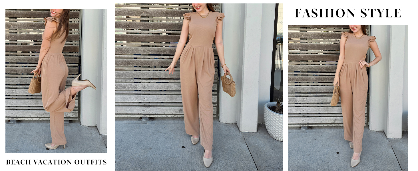 PRETTYGARDEN Womens Ruffle Cap Sleeves Jumpsuits Casual Empire Waist Long Pants Romper