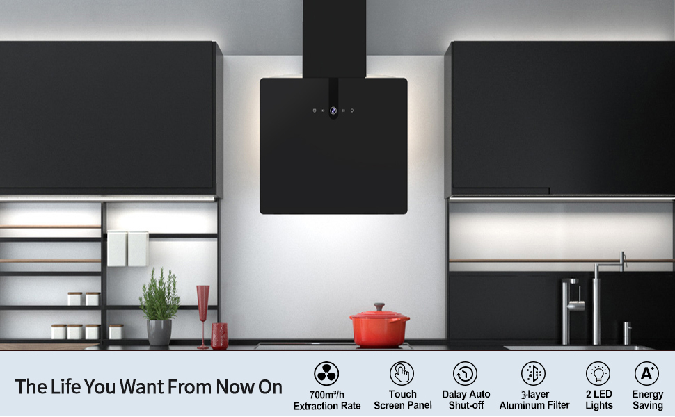 Cooker Hood 60cm Black Cooker Hood 700m³/h, Exhaust/Recirculating