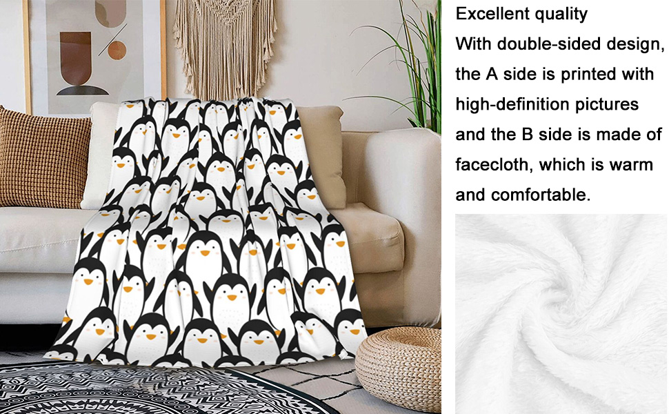 Cute Penguin Throw Blanket, Fluffy Penguins Blanket White