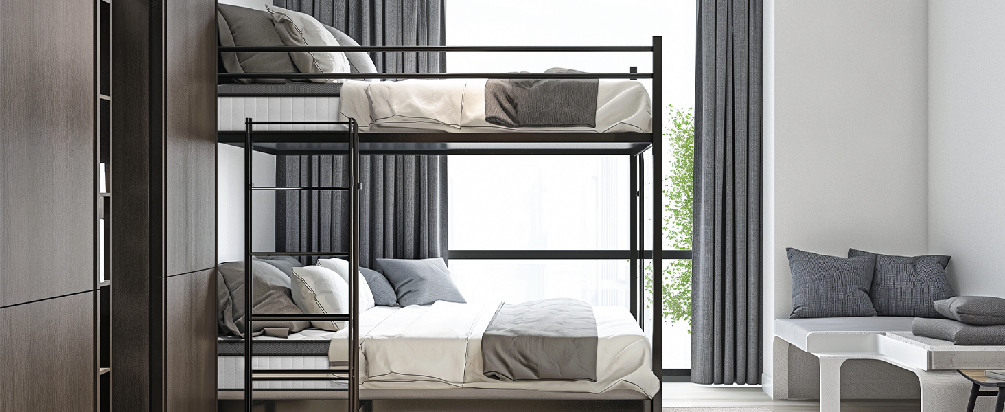 Modern metal bunk bed frame in black finish, featuring full-size beds, integrated ladder, and minimal design in contemporary bedroom setting.