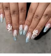 French Tip Press on Nails Medium Almond Fake Nails with Designs 3D Flower Gel Glue on Nails Blue ...