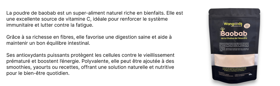 Sachet noir de supplément en poudre de baobab. L'emballage comporte un texte doré et met l'accent sur les propriétés antioxydantes. Produit présenté sur fond blanc avec un texte français décrivant les avantages.