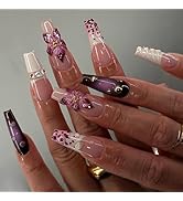 Long Coffin Press on Nails Ballerina Fake Nails with Designs Flower Stick on Nails French Tip Fal...