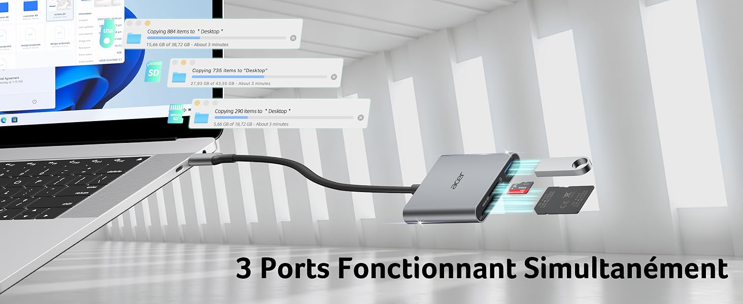 Le texte indique « 3 ports fonctionnant simultanément ». Vue du couloir industriel avec murs blancs et éclairage, montrant les détails de l'infrastructure technique.