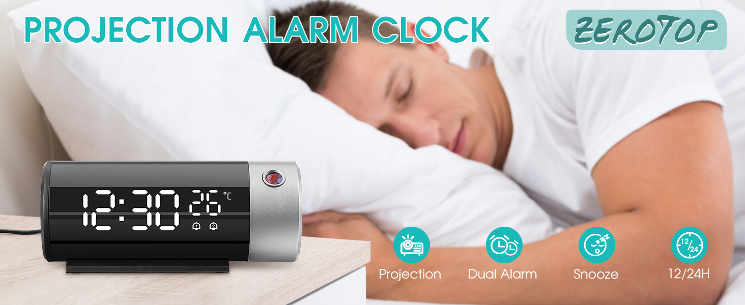 zerotop Projection Alarm Clock, 180° Rotatable Digital Alarm Clocks