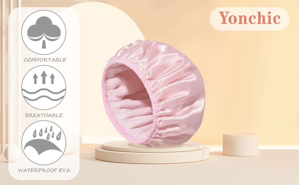 Yonchic ThreeLayer Terry Cloth Lined Satin Shower Cap