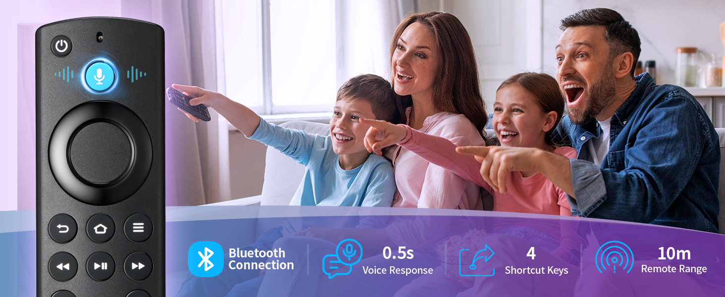 Remote control device with blue illuminated button shown alongside icons for Bluetooth, 0.5s response time, and 10m range features. Image shows family viewing experience.