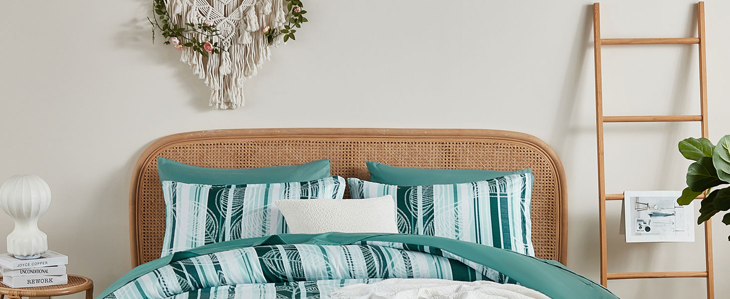 Green Comforter Set King Size,Botanical Striped Bed in a