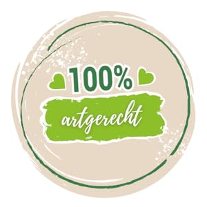 Rundes Abzeichen mit beigem Hintergrund und grünen Akzenten. Der Text lautet „100% artgerecht“ in Weiß auf einem grünen Pinselstrich