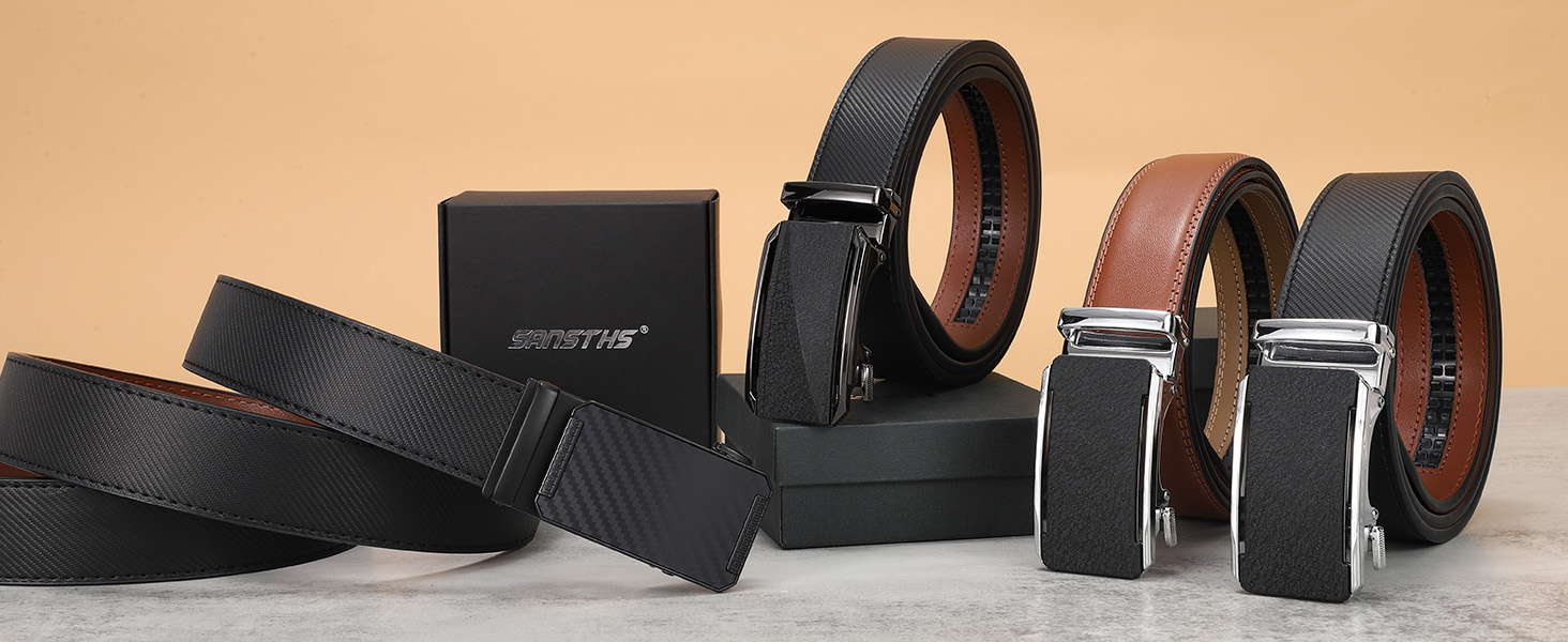 SANSTHS Mens Ratchet Belt, Leather Ratchet Belts for Men Adjustable