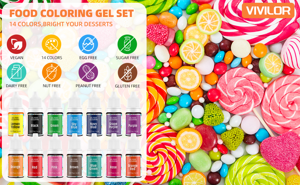 Gel Food Colouring 14 Colour Concentrated Food Colouring Set, VIVILOR Food Colouring Gel Food