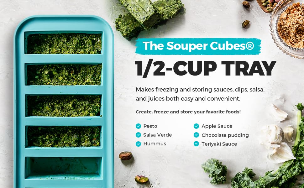 Souper Cubes 1/2 Cup Freezing Tray with lid, Aqua, Pack of