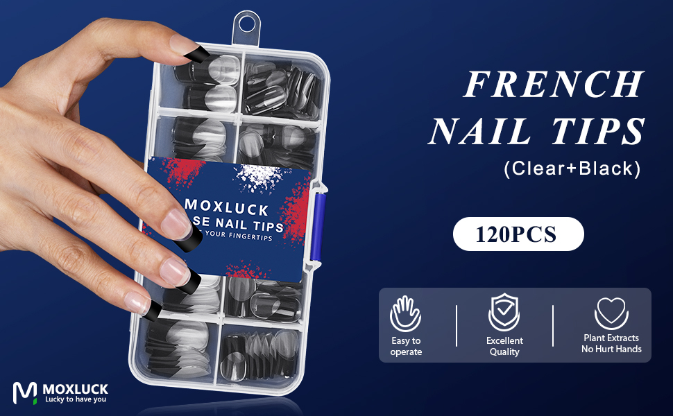 Moxluck Black French Nail Tips,Square Gel Nail Tips Black