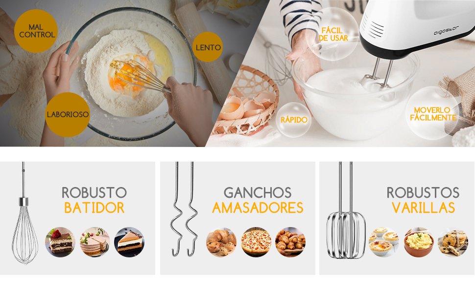 Batidora Amasadora De 400 W Con 6 Velocidades, Batidora De Varillas, Función Turbo, Incluye 2 Batidores De Varillas, 2 Ganchos De Amasado, 1 Batidor Y Caja De Almacenamiento - Aigostar Pudding 13 Batidora Amasadora Reposteria