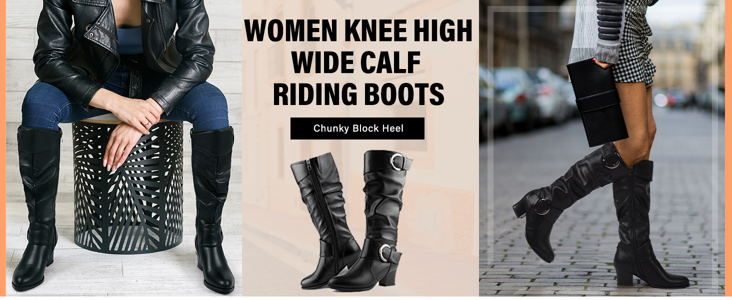 Kniehohe, breite Wadenreitstiefel für Damen in drei Ansichten: getragen mit Jeans, Nahaufnahme von Stiefeln und Kleidung im Streetstyle. Schwarzes Leder mit