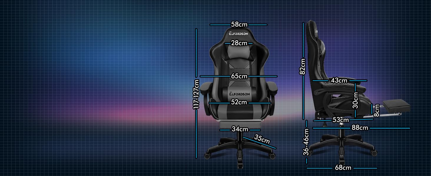 ELFORDSON Gaming Chair Lumbar Massage With Footrest, Grey & Black 15 3-3