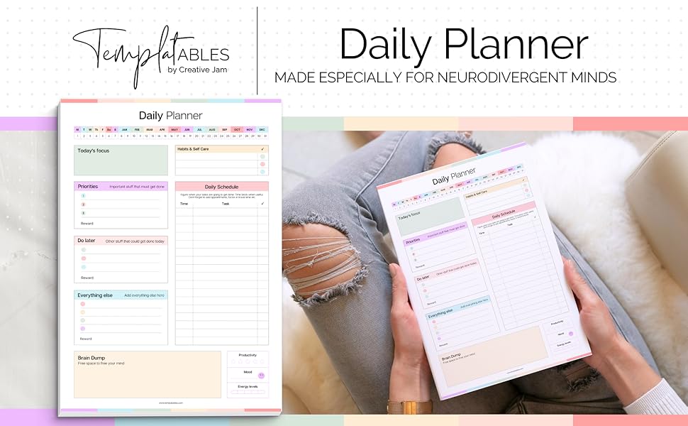 Daily planner for neurodivergent minds. Colorful template with sections for tasks, goals, and notes. Shown as printable page and in use on lap.