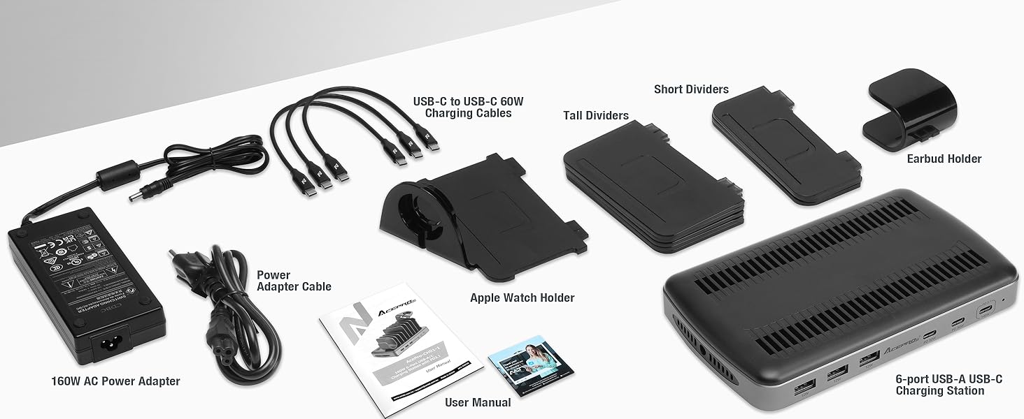 Package content includes charging station with dividers, holders and 60W USB-C charging cables.
