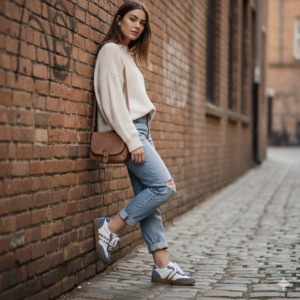 Texto: «Imagen 1». Estilo urbano casual con un suéter color crema, jeans desgastados de color lavado claro y zapatillas blancas sobre un fondo de pared de ladrillo en una calle adoquinada.