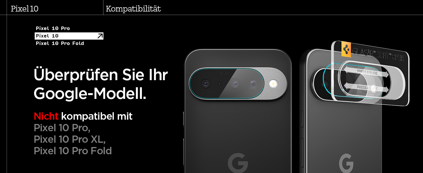Der Text lautet „Überprüfen Sie Ihr Google-Modell.“ Produktvorführung, die den Schutz oder das Erweiterungszubehör für Smartphone-Kameraobjektive zeigt.