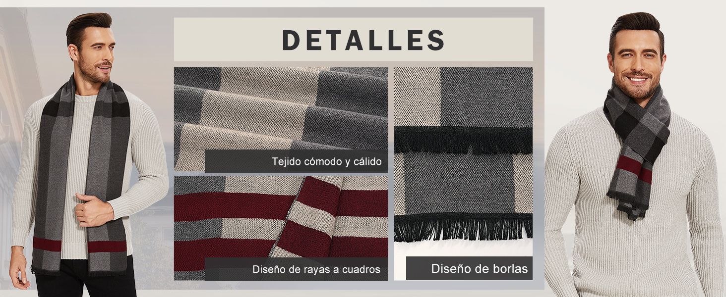de productos de bufandas para hombre. Varias vistas muestran detalles de textura, extremos con flecos y opciones de estilo. El texto en español describe las características del producto