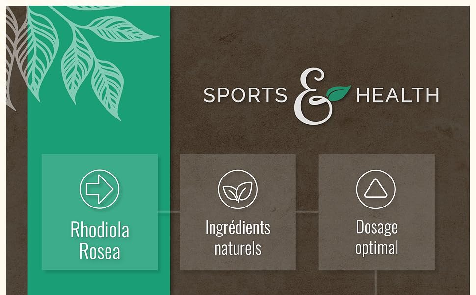 montrant la section Rhodiola Rosea avec des ingrédients naturels et des icônes de dosage optimal sur fond vert et marron