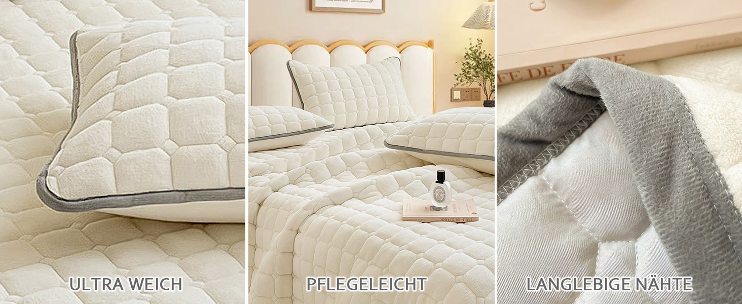 Dreiteiliges Bild mit gesteppter Matratzenauflage, zusammengeklappter Bettwäsche und Nahaufnahme