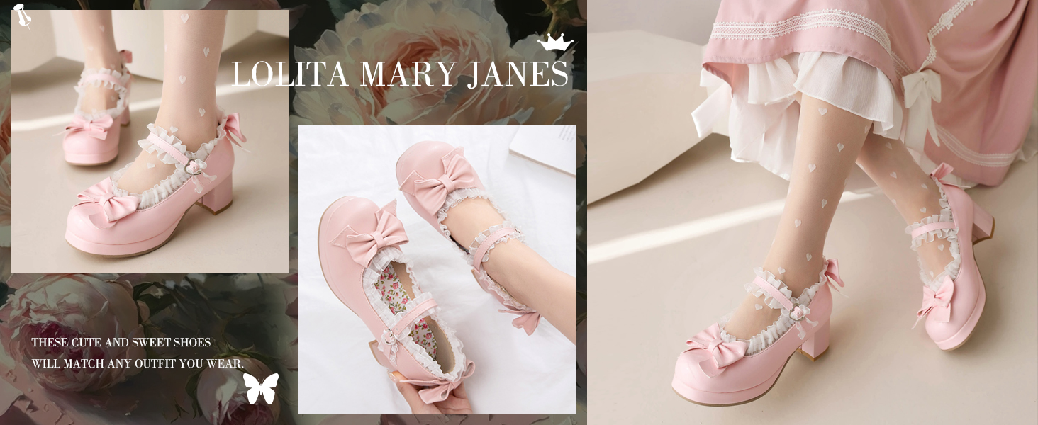 Women Kawaii Shoes Mid Block Heel Mary Jane Rockabilly Pumps with Bow