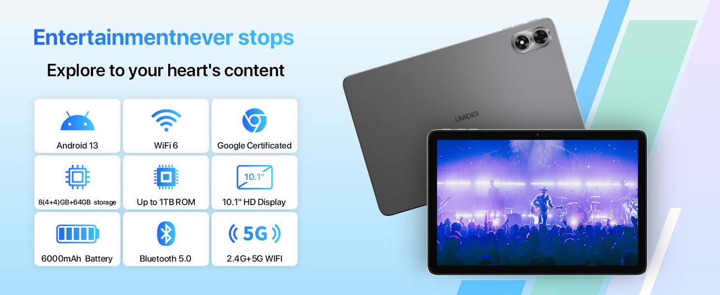 Tablet device with entertainment features displayed. Screen shows concert image. Icons indicate Wi-Fi, cellular data, and other functions. Two color options shown: black and mint green.