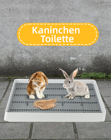 Kaninchentoilette mit Gitterboden. Zwei Kaninchen sitzen auf dem grauen Plastiktablett. Auf dem gelben Textbanner steht „Kaninchen Toilette“ (deutsch für „Kaninchentoilette“).