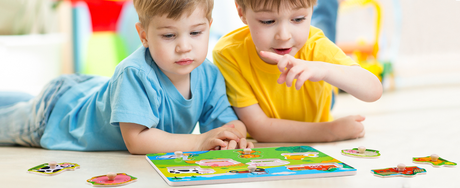 Japace Wooden Puzzles for 1 Year Old, Farm Animals Peg Puzzles, Fine