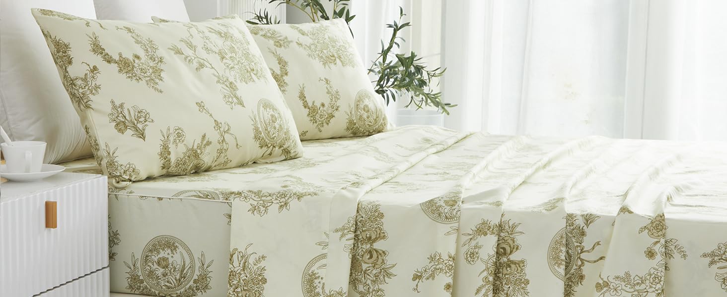 Usfivefam Floral Sheets Set King, Botanical Printed Cream