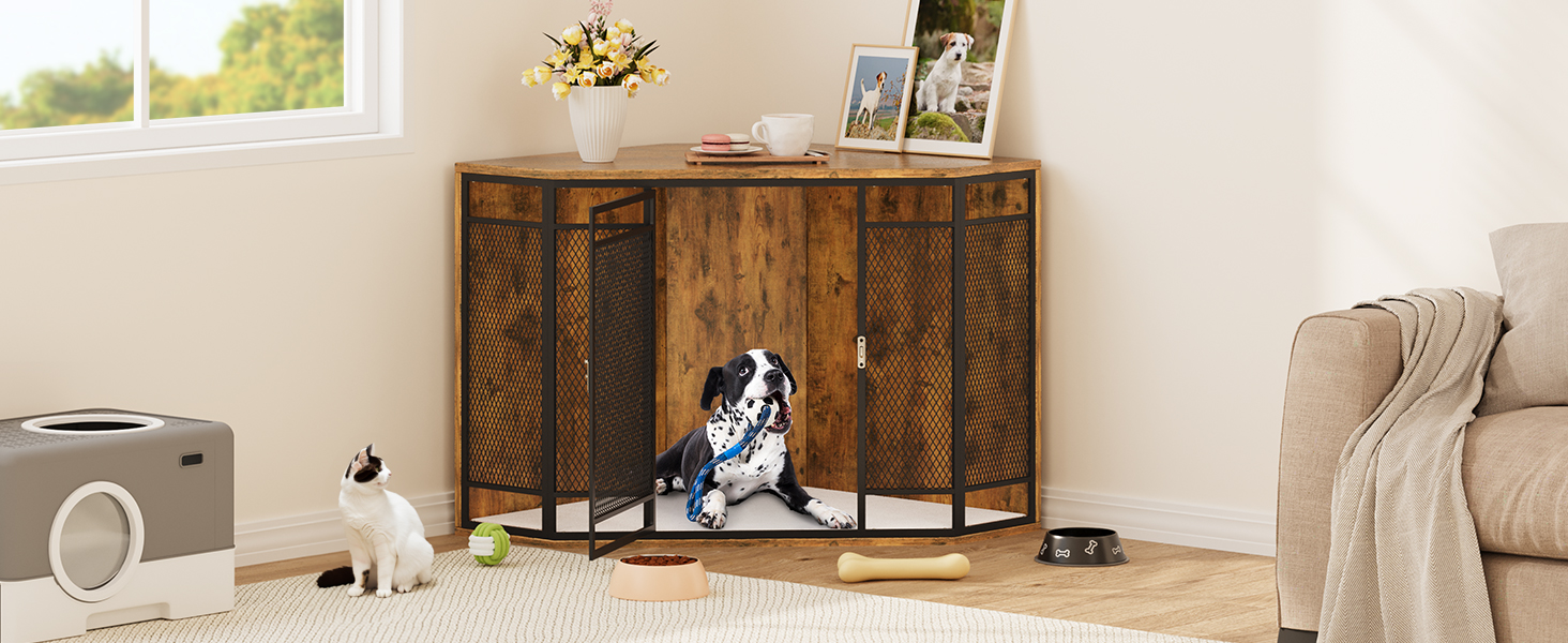 YITAHOME Corner Dog Crate Furniture, 43.7 inch Wooden Dog