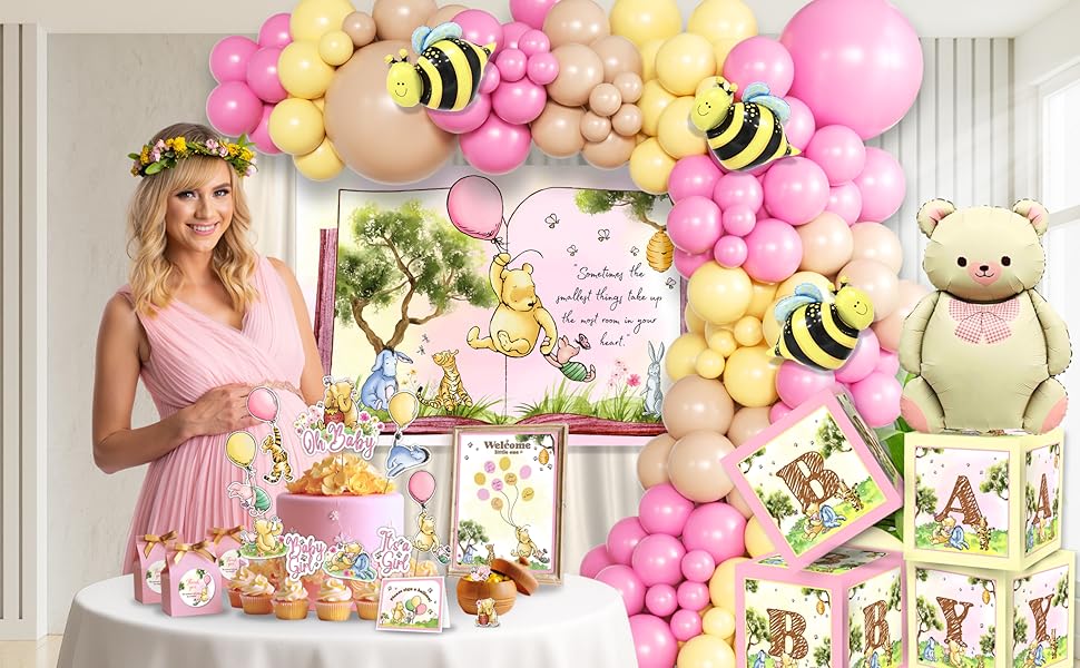 pink winnie the pooh baby shower decorations for girl balloon garland arch kit baby boxes bear bee