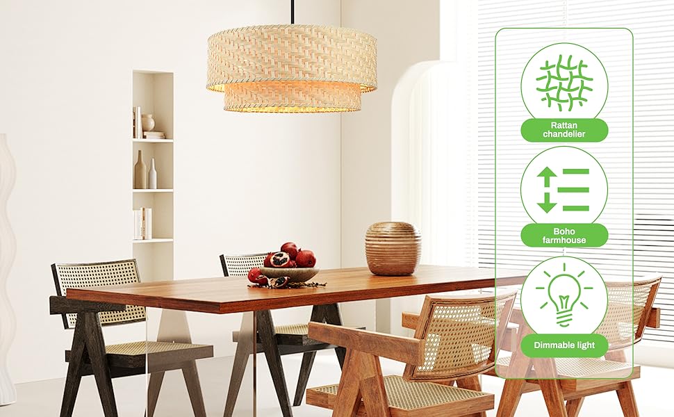 Rattan Chandelier Boho Pendant Light Coastal Lighting