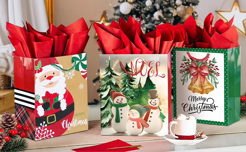 24 Small Christmas Gift Bags Bulk With Handles and 60 Count Christmas