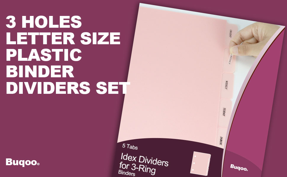 Buqoo 3Ring Binder Plastic Divider Set Light Pink 5Tab Dividers Sheet Protector