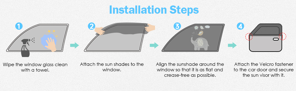 Four-step installation guide for a product, showing placement on window, pressing down, attaching a component, and final setup.