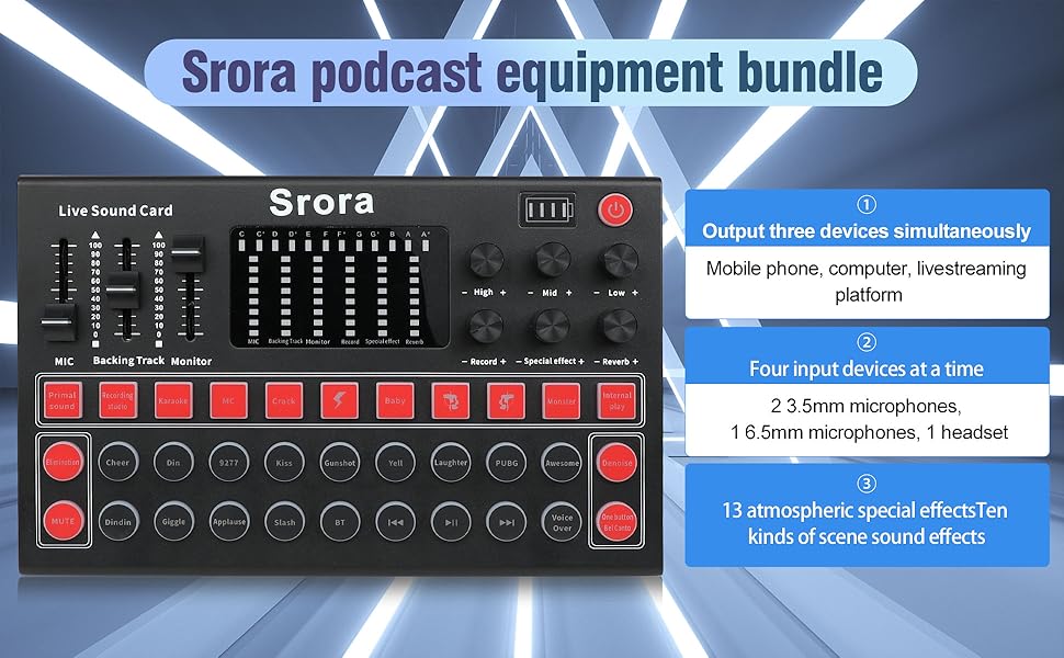 Srora Podcast Equipment Bundle, DJ Mixer with Microphone, Stand, Headset Sound Card,Podcast