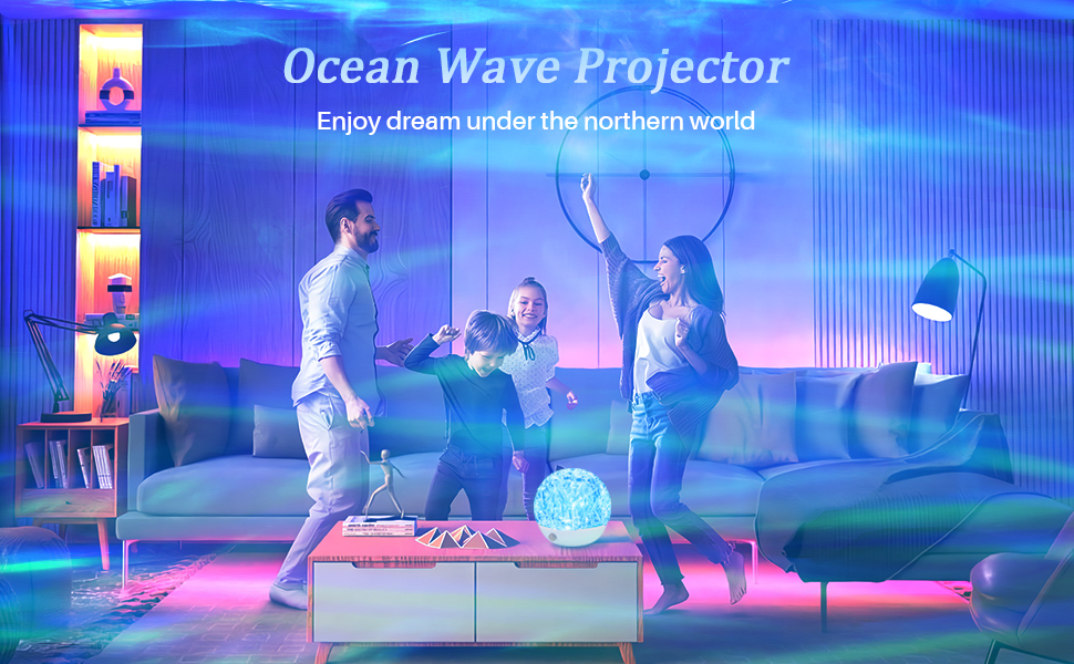 Ocean Wave Projector in use, casting blue light in a living room. People are seen enjoying the ambiance created by the device.