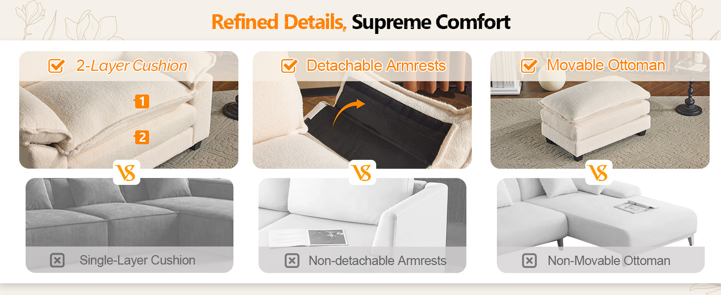 VINGLI Oversized Sofa Chair and a Half with Deep Seat & Movable 2-Layer Ottoman Set, Comfy Cloud Sofa Bed with Chaise, 1-Seater Modular Sectional Sleeper Couch for Living Room, Teddy-Fleece, Beige 16 2 layer seat