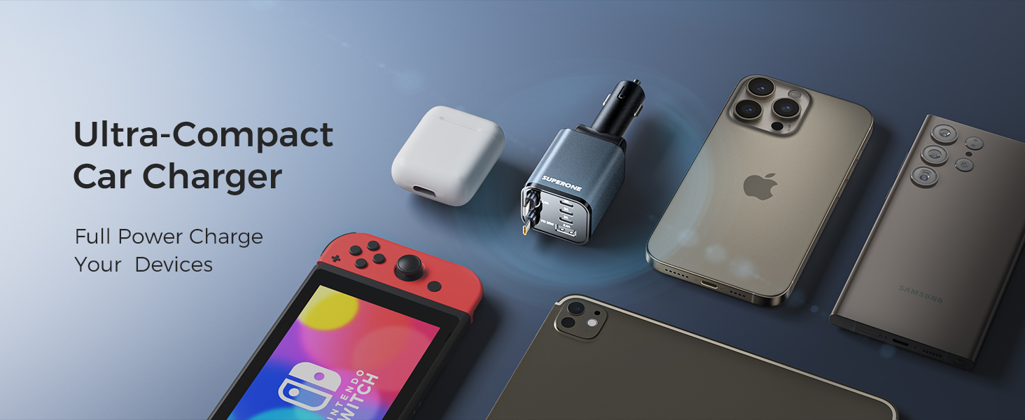 Ultra-compact car charger displayed with various electronic devices including smartphones, a game console, and wireless earbuds. The charger is small and white, emphasizing its compact size.